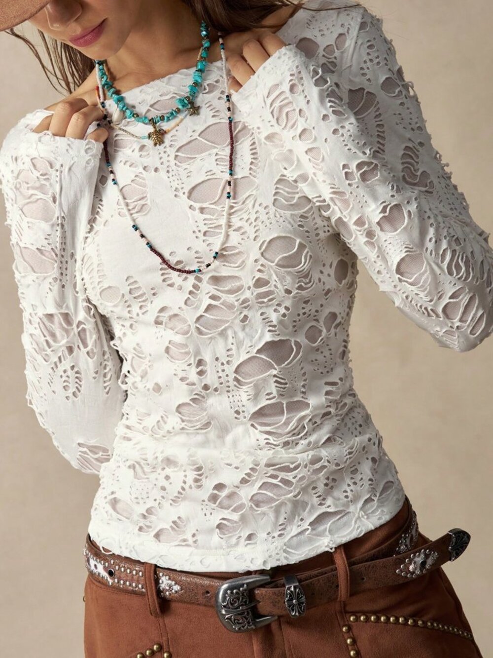 White Casual Women's Boho Knit Off-Shoulder T-Shirt